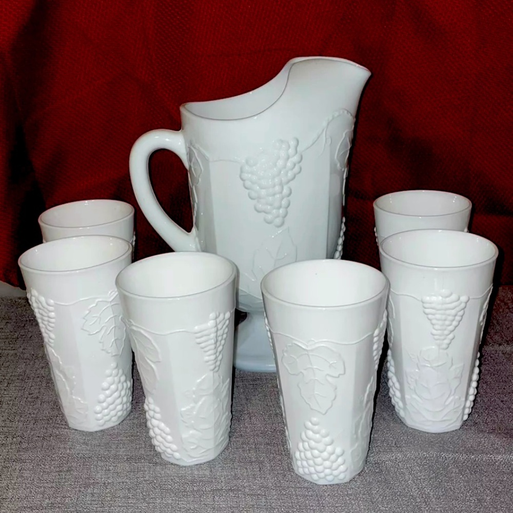 Vintage INDIANA GLASS milk glass pitcher & tumbler set Grapevine Paneled